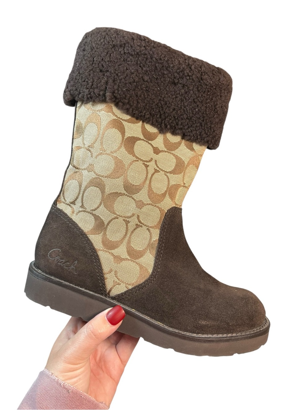 Coach Kally Boots Womens 7 Brown Signature C Suede Shearling Winter Mid Calf